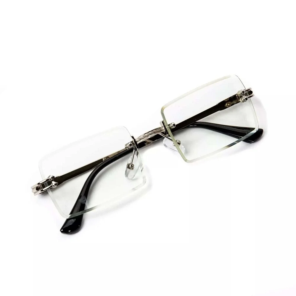 Rimless Rectangle Sunglasses Men Silver‎ Frame Clear Lens Fashion Eyewear Lentes